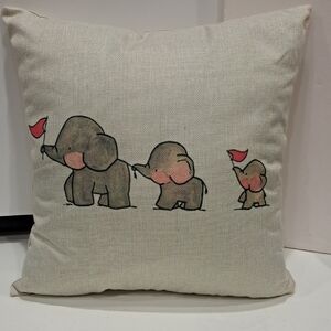 3 Little Elephants In A Row Linen Pillow 16" Square EUC